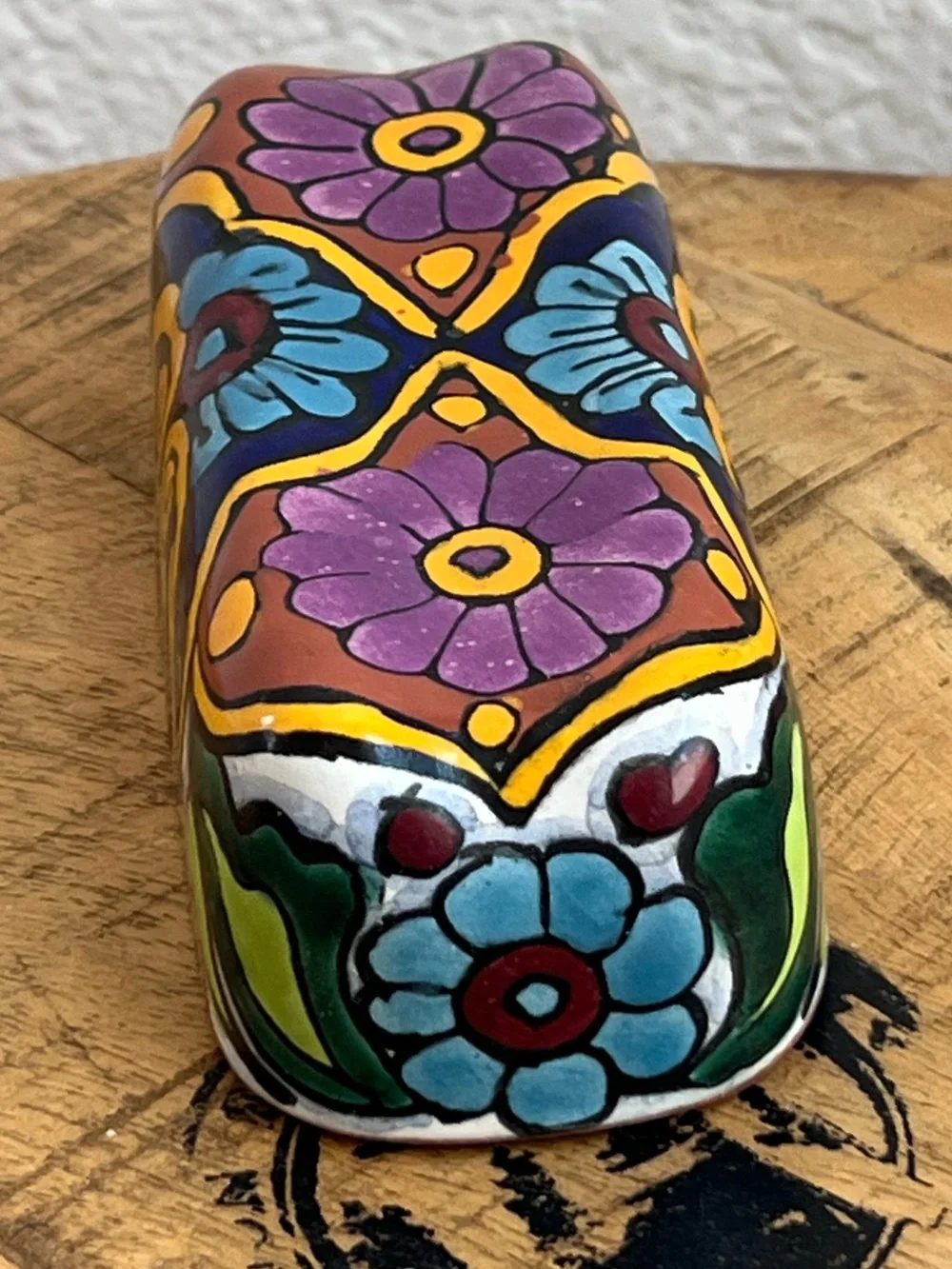 Mexican Folk Art Handmade Talavera Red Clay Pottery Butter Dish Colorful